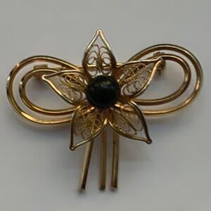 Vintage Van Dell Gold Tone Filigree Flower Brooch Pin Black Center    22